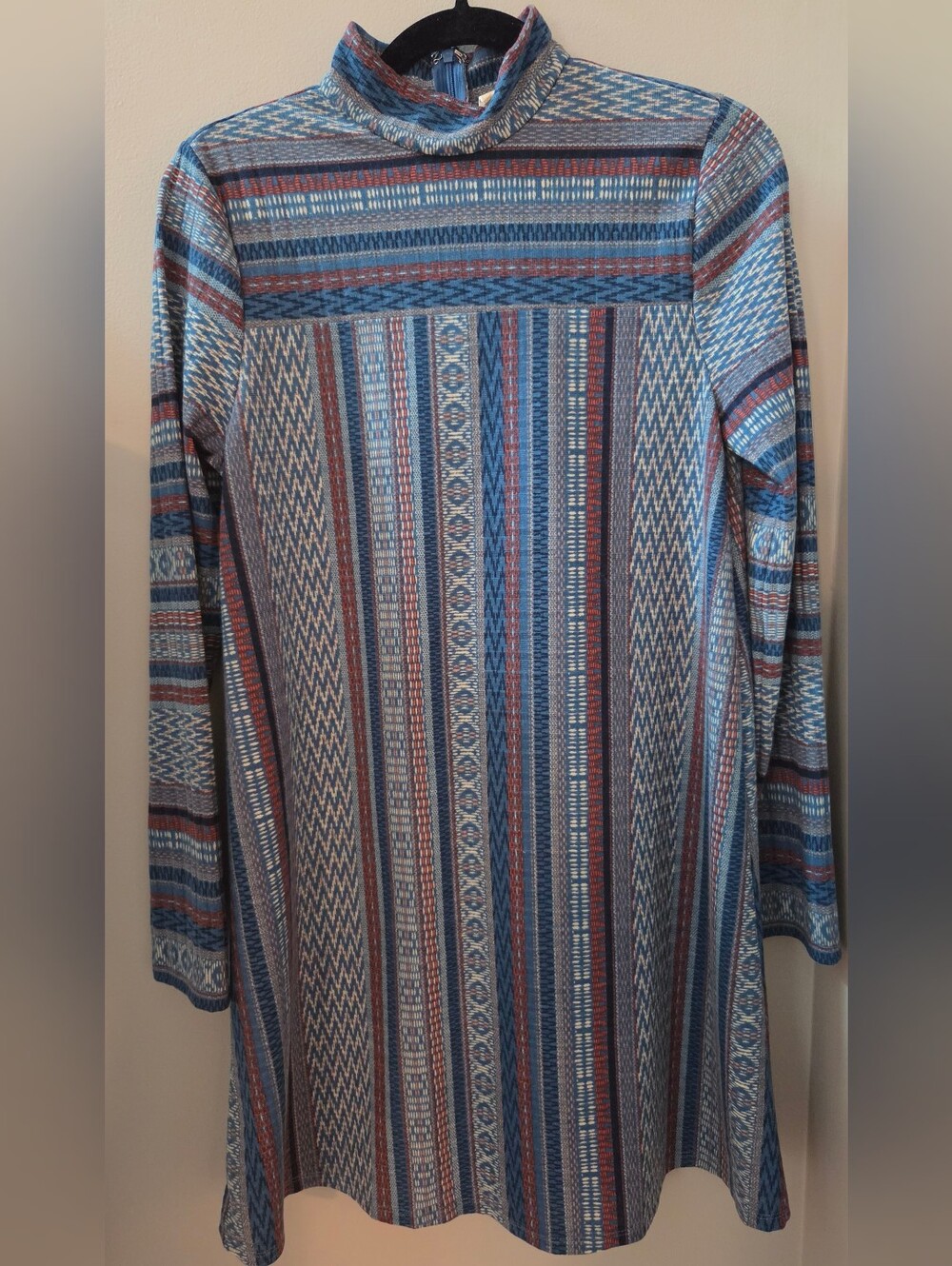 Altar'd State Blue & Orange Tribal Stripe Mock Neck Knit Mini Dress Medium